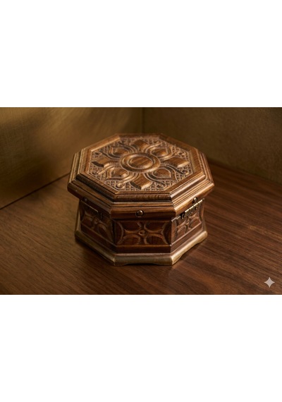 Ahşap Ceviz Oyma Eşya Sandığı Sekizgen 16,5 Cm