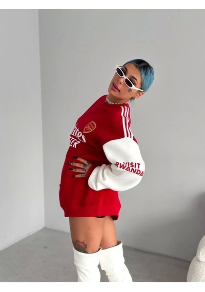 Kadın Bisiklet Yaka Kolu Şeritli Nakışlı Sweatshirt - Kırmızı