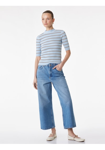 Koton Kısa Geniş Paça Pamuklu Regular Fit Denim Pantolon - Crop Wide Leg Jeans Açık İndigo 6sal40062md Açık İndigo