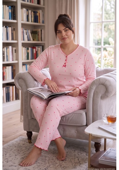 Seboteks Fitilli Kaşkorse Kumaş Uzun Kollu Büyük Beden Kadın Pijama Takımı 2990 Pudra