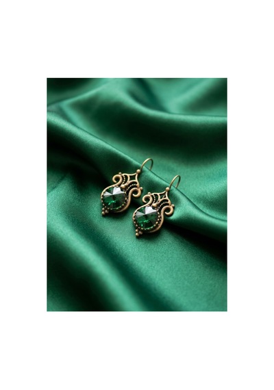 Bronz Kristal Taşlı Vintage Kadın Küpe Yeşil - 935450377 Yeşil