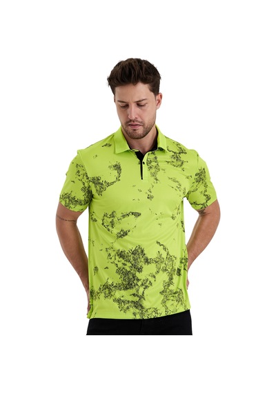 Gölge Desenli Spor Polo Yaka Erkek Kısa Kol Tişört Neon Yeşil