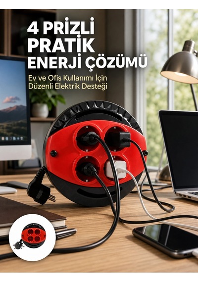 Mey İthalat 3 Metre Uzatma Kablolu 4 Prizli Makara Kırmızı Diğer