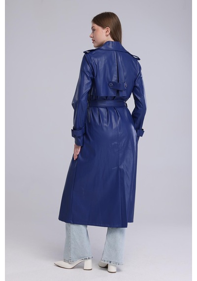 Selectmoda Kadın Kemerli Kruvaze Uzun Kaban Lacivert