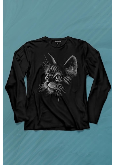 Kedi Silüeti Black Cat Çizim Uzun Kollu Tişört Baskılı Çocuk T-shirt 001