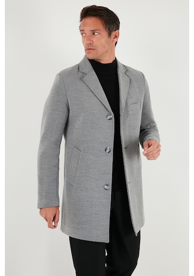 Buratti Slim Fit Tek Yırtmaçlı Düğmeli Mono Yaka Kaşe Erkek Kaban 5840098 Gri