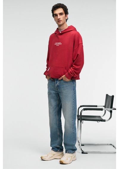 Grimelange CLAY Erkek %100 Pamuk Kapüşonlu Çıtçıtlı Baskılı Cebi Süs Etiketli Kırmızı Sweatshirt