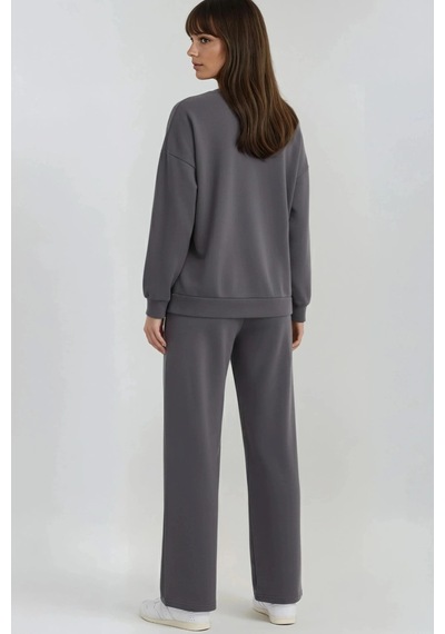 Fiolin Nakışlı Bisiklet Yaka Sweatshirt Ve Düz Paça Pantolon İkili Takım Füme