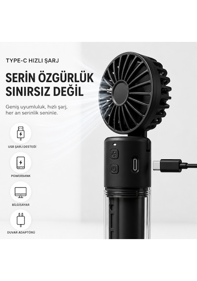 Mini Fan Şarjlı El Fanı Siyah Boyuna Asmalı Usb Type-c Şarjlı 4 Kademeli Taşınabilir Vantilatör Serinletici Fan