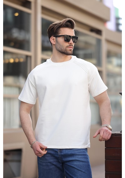 Madmext Ekru Bisiklet Yaka Basic Erkek T-shirt E7138 Ekru