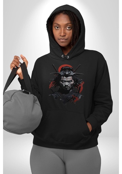 Asyalı Japon Samuray Savaşcı Kadın Erkek Siyah Kapüşonlu Sweatshirt Hoodie Siyah