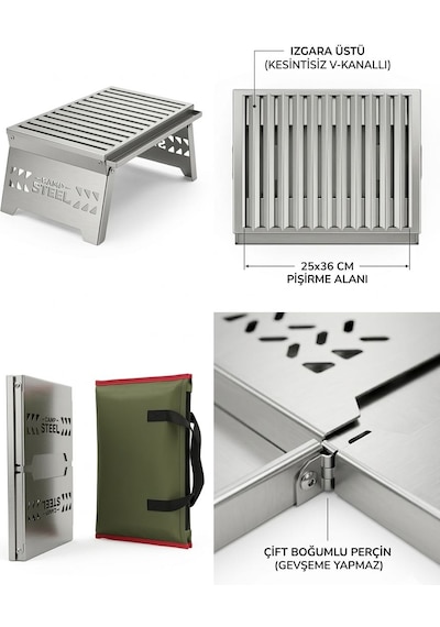 Ankabey06 Campsteel Paslanmaz Çelik Katlanır Portatif Kamp Mangalı & Barbekü 25x36 Cm Aile Boyu Gri