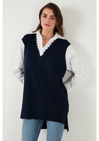 Lela Modest Standart Fit Gömlek Yaka Tesettür Triko Bayan Tunik 4612148 Lacivert