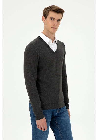 U.S. Polo Assn. Erkek Slim Fit V Yaka Antrasit Melanj Basic Kazak 50294764-VR081