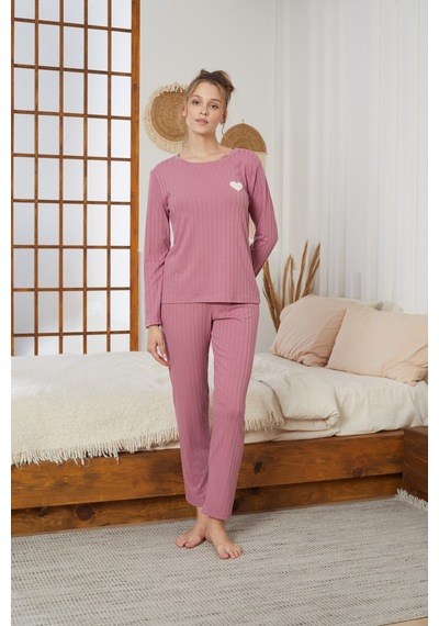 Siyah İnci Fitilli Örme Pijama Takım25226003 Gülkurusu
