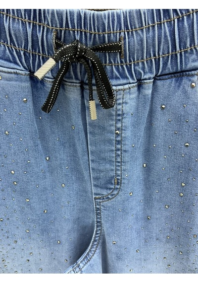 Zanessi Fashıon Büyük Beden Kadın Taş İşlemeli Yüksek Bel Lastikli Beli Bağcıklı Cepli Denim Görünümlü Pantolon Mavi Zanessi Fashıon Büyük Beden Kadın Taş İşlemeli Yüksek Bel Lastikli Beli Bağcıklı Cepli Denim Görünümlü Pantolon Mavi