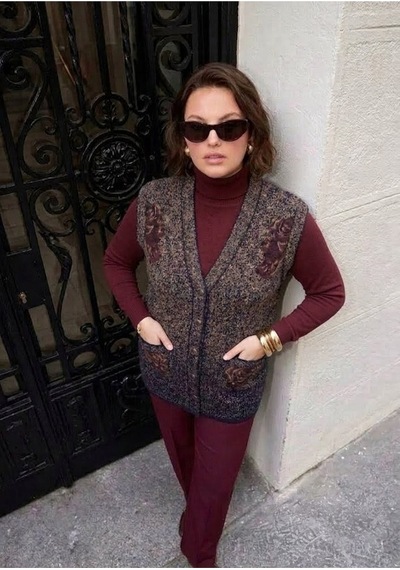 Onno Style Women Karyağdı Gül Desenli Çelik Örgü Triko Kadın Yelek Lacivert