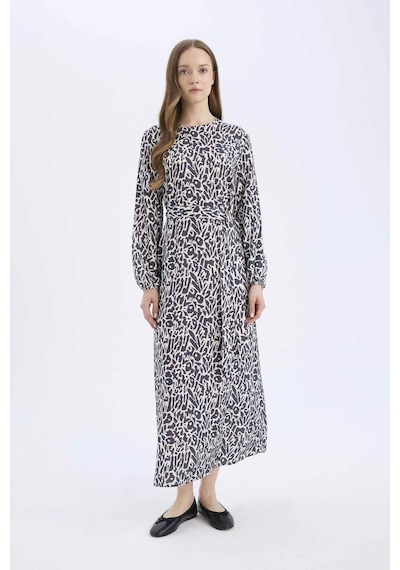 DeFacto Regular Fit Bisiklet Yaka Desenli Kuşaklı Uzun Kollu Maxi Elbise D9835AX25SMNV241