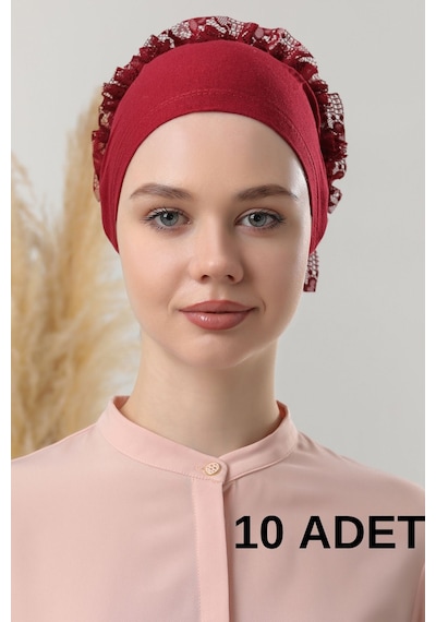Melodi Scarf Kadın Tesettür 10'lu Fırfırlı Dikişli Bone Bordo Bordo