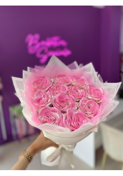 11'li Pembe Simli Solmayan Saten Gül Buketi, Sevgiliye Hediye Açık Pembe