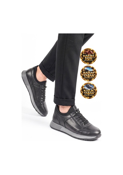 Castle Black Siyah Hakiki Deri Lastik Bağcıklı Erkek Casual Sneaker Ayakkabı 42158