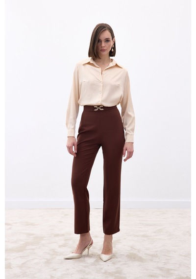 Sateen Aksesuar Detaylı Pantolon - Kahve-136684 kahve