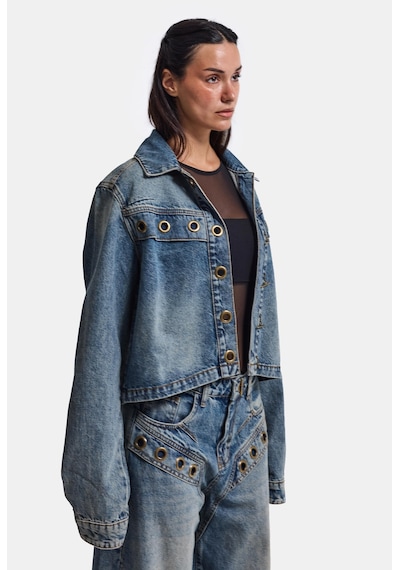 Kadın Kot Rengi 4w6-8 Kemer Boy Kuş Gözü Detaylı Özel Tasarım Denim Ceket