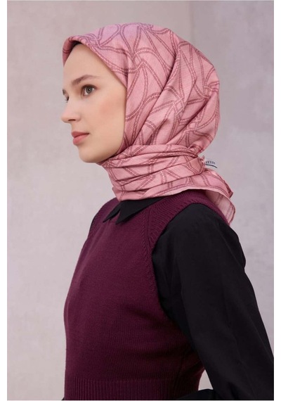 Belli Kafes Desen Twill İpek Eşarp Pembe