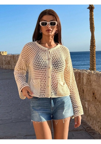 Luxetıque Kurdele Düğmeli Ajurlu Hırka Ekru