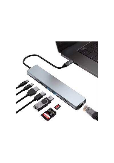 Type-c Çoklu Dönüştürücü 87w Pd, Hdmı, 2x Usb 3.0, Rj45, Sd/tf Kart Girişli Hub