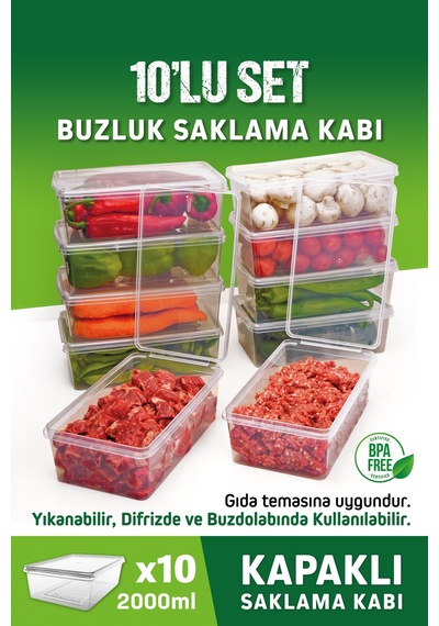 10 Adet Sızdırmaz Kapaklı Derin Dondurucuya Mikrodalgaya Uygun Saklama Kabı 2 Litre Plastik 50 X 70 Diğer