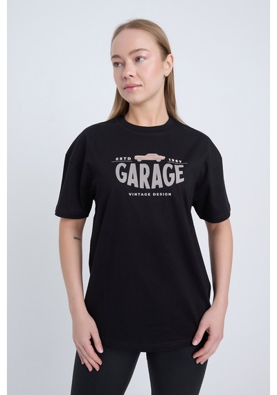Kadın Oversize Baskılı T-shirt Siyah Garage SIYAH