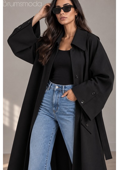 Brums Moda Bayan Siyah Mevsimlik Trençkot