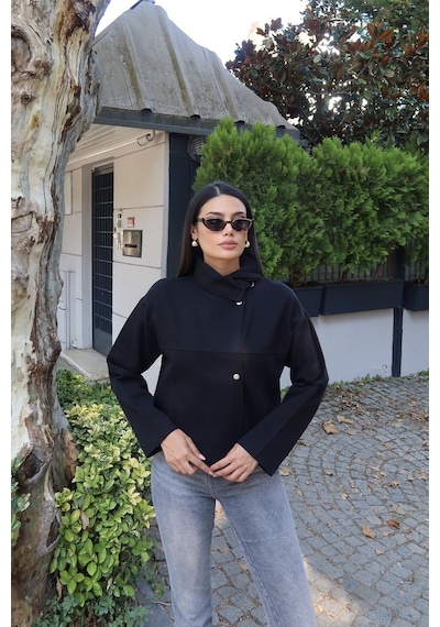 Kechi Woman Gabardin Kumaş Dik Yaka Çıtçıtlı Ceket Siyah