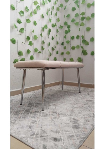 Özcan Metal Krom Metal Ayaklı Bench Sırtlı Mutfak Salon Antre Yatak Odası Puf Bank Oturak Takımı Bej
