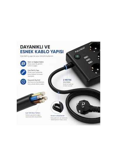 Çoklu Priz 10 Lu Grup Priz Usb Li 3x Usb-a, 1x Usb-c , 3680w 16a, 2 Metre Kablo, Topraklı Uzatma Kablosu, Ev Ofis Gaming
