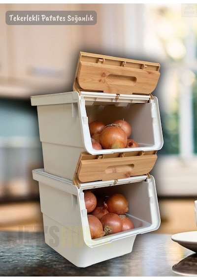 4'lü Tekerlekli Patateslik Soğanlık Bpa Free Oyuncaklık Erzak Kutusu Sebzelik Bambu 48 Lt Bambu-krem