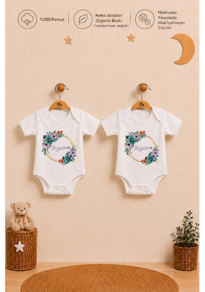 Pia Baby İsme Özel Kız Bebek Hediyesi 2'li %100 Pamuk Organik Baskılı Çıtçıtlı Body Zıbın Ve Ham Bez Kıyafet Kesesi 1026b2k0x Ekru