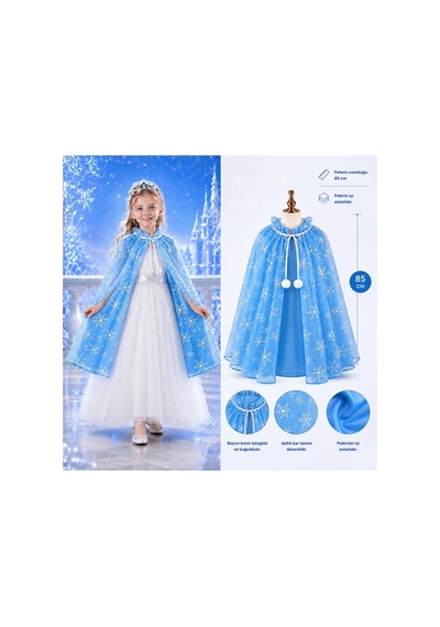 Kar Tanesi Desenli Mavi Elsa Pelerini - Astarlı Frozen Pelerini 85 Cm Bx40