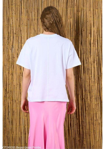 Kadın Beyaz-Pembe Love Baskılı Oversize %100 Pamuk T-Shirt