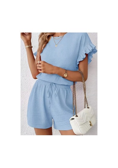 Butik İstanbul Kadın Kısa Kollu Bisiklet Yaka Bürümcük Bluz Ve Kısa Short Ikili Takım Mavi