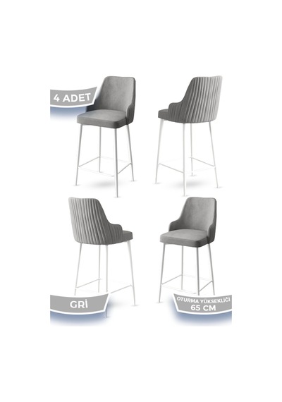 Canisa Concept Tera Serisi 4 Gri Sandalye 65 Cm Ada Mutfak Bar Sandalyesi Babyface Kumaş Beyaz Metal Ayaklı Sandalyeler Gri Ayaklar Siyah