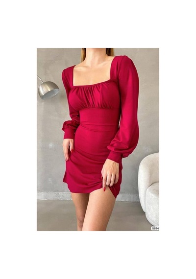 DefyModa Kadın Minimal Krep Kumaş Kare Yaka Uzun Kollu Elbise Bordo