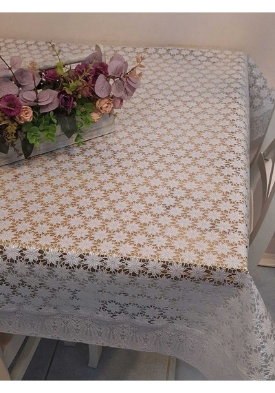 Dantel Kenarlı 120x150 Cm Pvc Muşamba Silinebilir Papatya Desenli Masa Örtüsü Beyaz