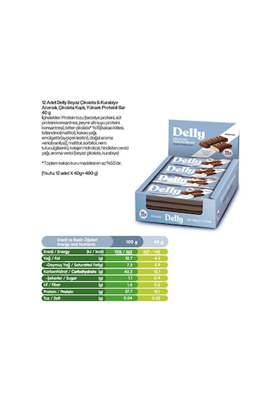 Delly Beyaz Çikolata & Kurabiye Aromalı Yüksek Proteinli Bar 12 x 40 G