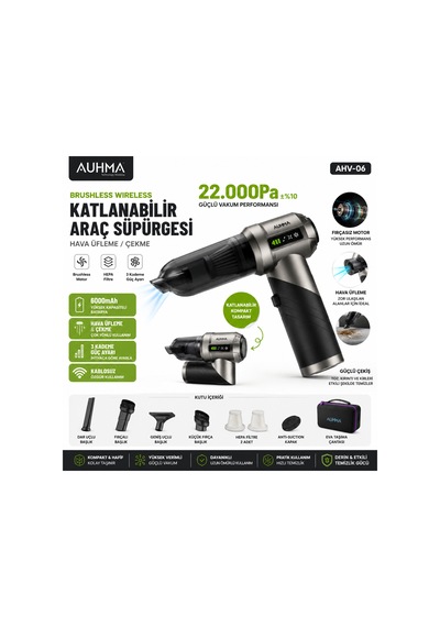 Auhma Ahv-06 22.000pa 6000mah Kablosuz Araç Süpürgesi Brushless Motor Katlanabilir Üfleme Çekme 3 Kademeli Gri-siyah