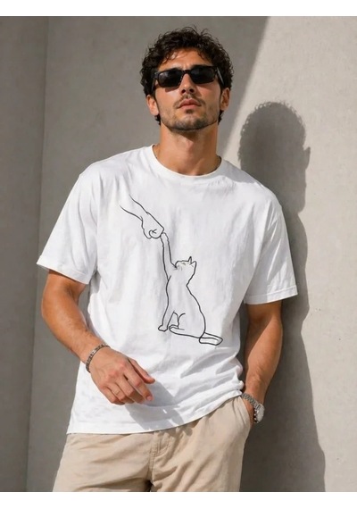 Defymoda Erkek Minimal Kedi Çizim Baskılı Tişört Kısa Kol Yazlık T-shirt - Beyaz