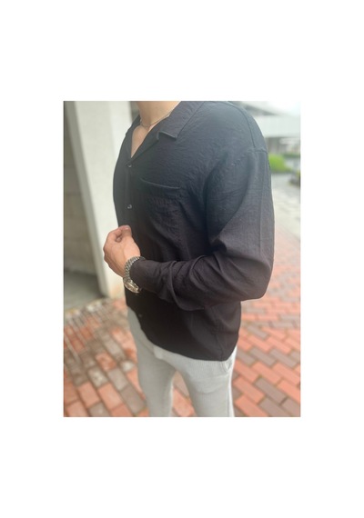 Moda Banuş Kırınkıl Kumaş Ütü İstemez Salaş Model Uzun Kol Gömlek Siyah Siyah