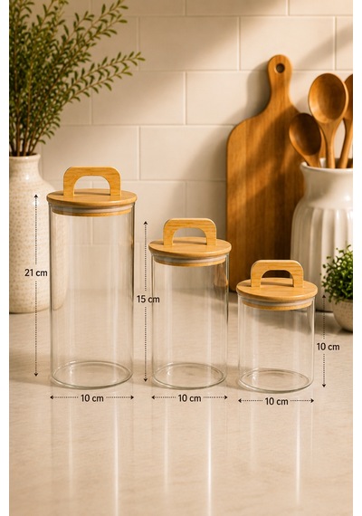 Aria - 3'lü Borosilikat Bambu Kapaklı 1300 - 900 -600 Ml Kavanoz Takımı Düz Şeffaf