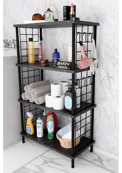 Çevir Kur Kolay Kurulum 4 Katlı Banyo Rafı Metal Telli Çok Amaçlı Organizer Dolap Stand Raf Siyah Mermer